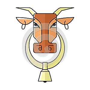 Vector image of the head of a cow with rings in the ears and a bell in the neck. Isolated cow on a white background